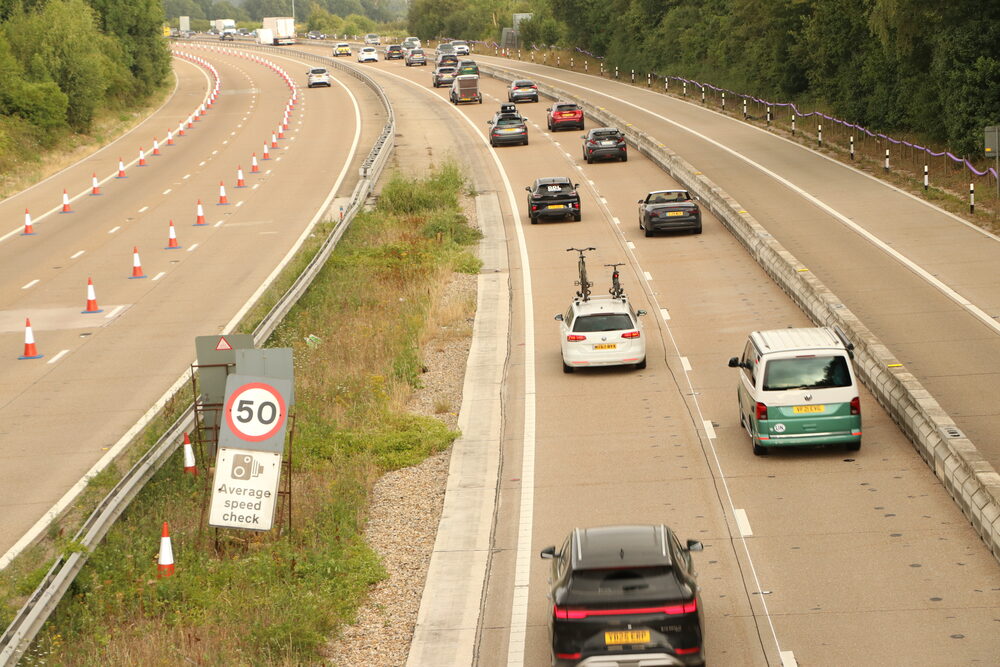 Driver's view of a UK motorway, where speeds over 96mph mean a court summons rather than a fine